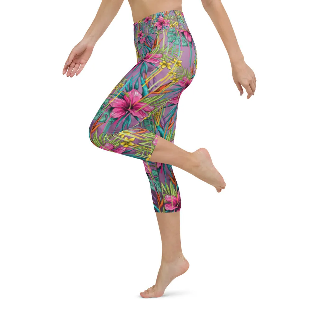 Tropical Yoga Capri Leggings, Floral Tropical Leaves Print Best Designer Women's Yoga Capri Leggings