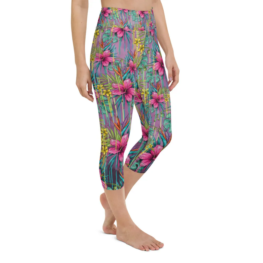 Tropical Yoga Capri Leggings, Floral Tropical Leaves Print Best Designer Women's Yoga Capri Leggings