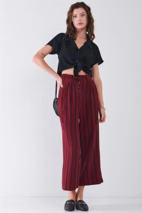 Wine & Black Linen Striped Frill Hem Button-Down High Waist Wide Leg Capri Pants /3-2-1