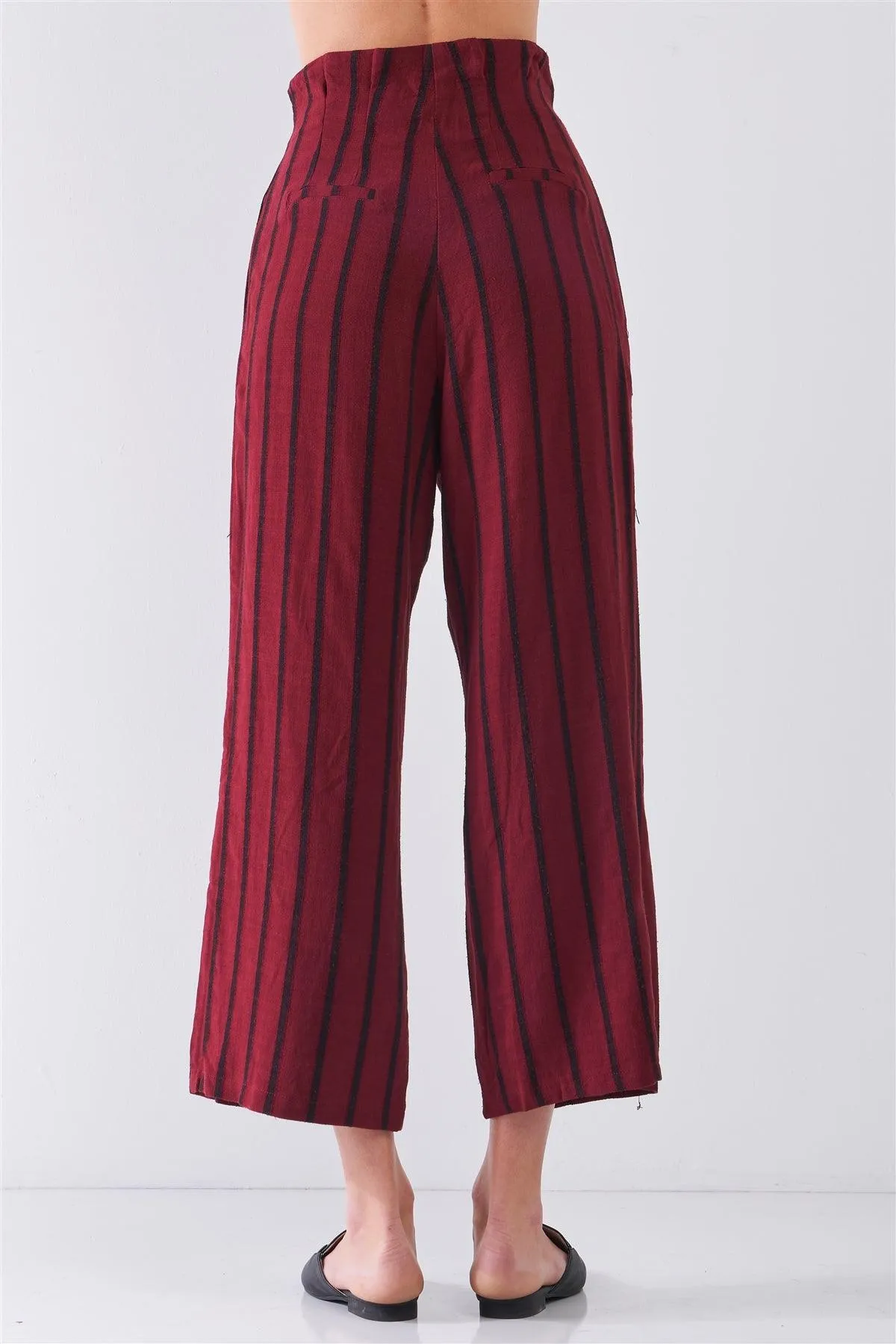 Wine & Black Linen Striped Frill Hem Button-Down High Waist Wide Leg Capri Pants /3-2-1