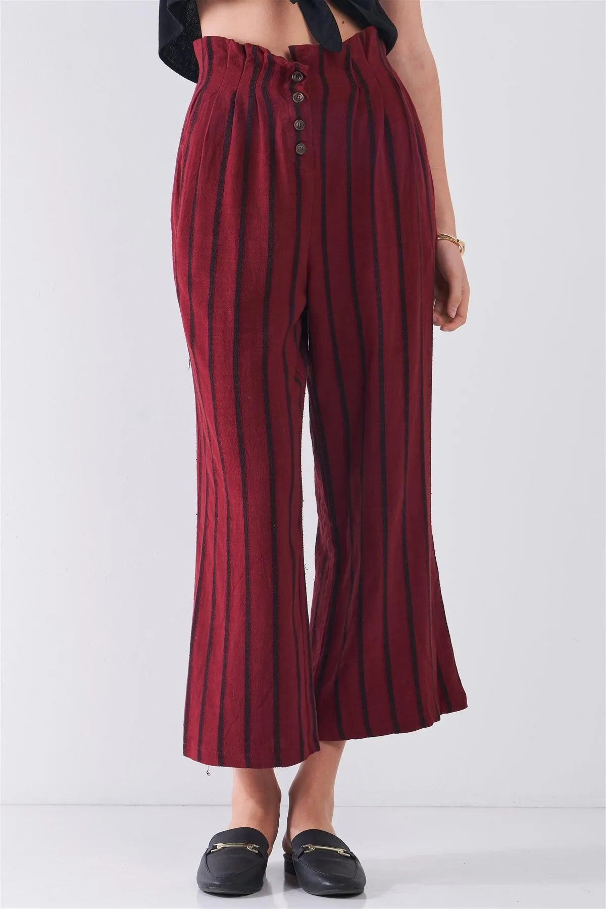 Wine & Black Linen Striped Frill Hem Button-Down High Waist Wide Leg Capri Pants /3-2-1