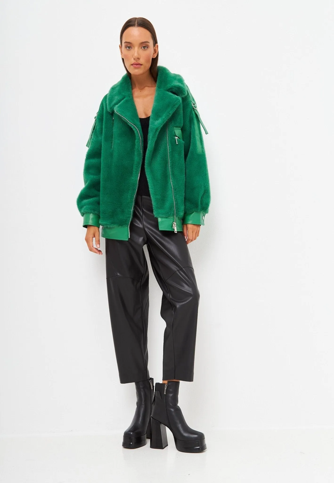 Winter Colourful Faux Fur Jacket -  Green